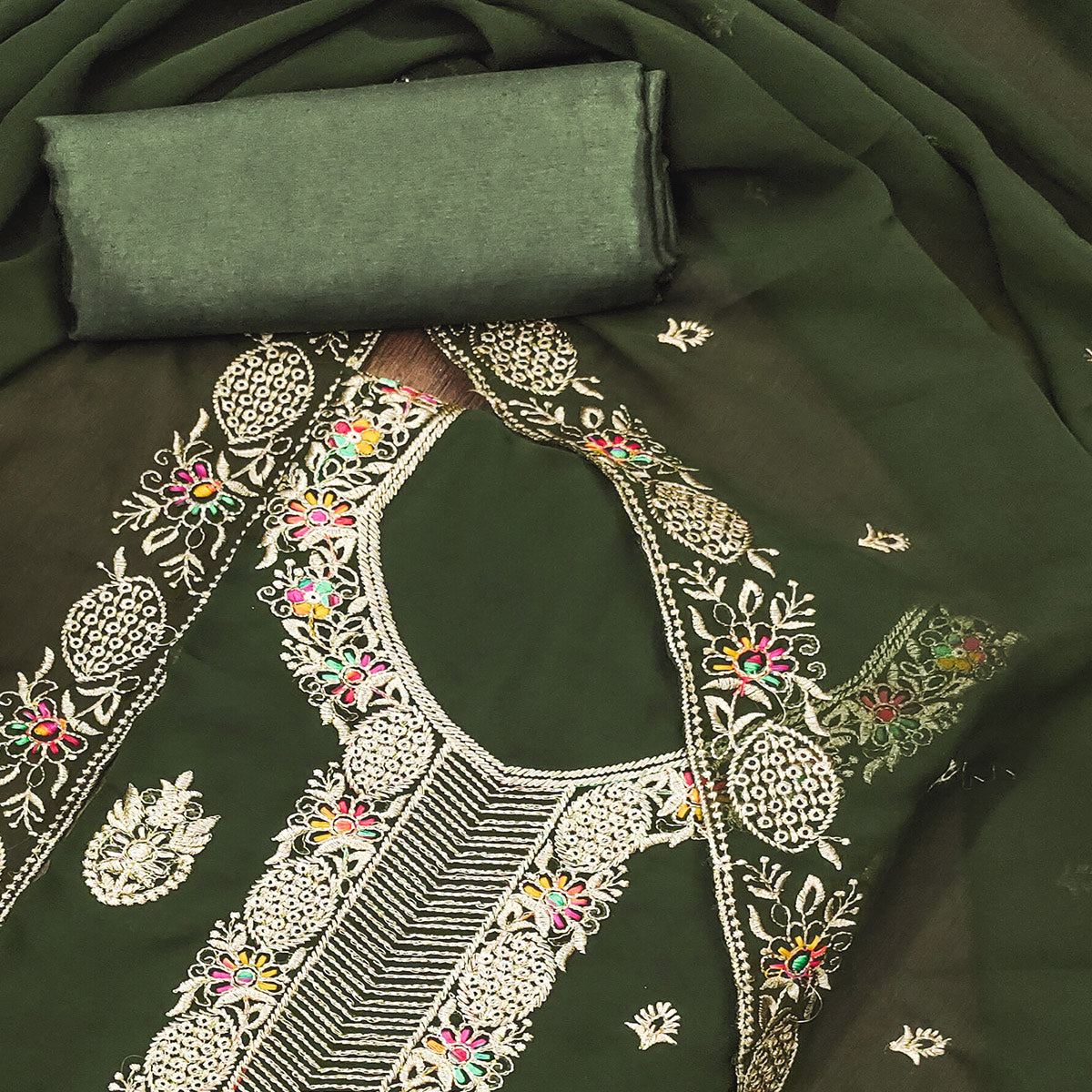 Mehendi Green Floral Embroidered Georgette Dress Material