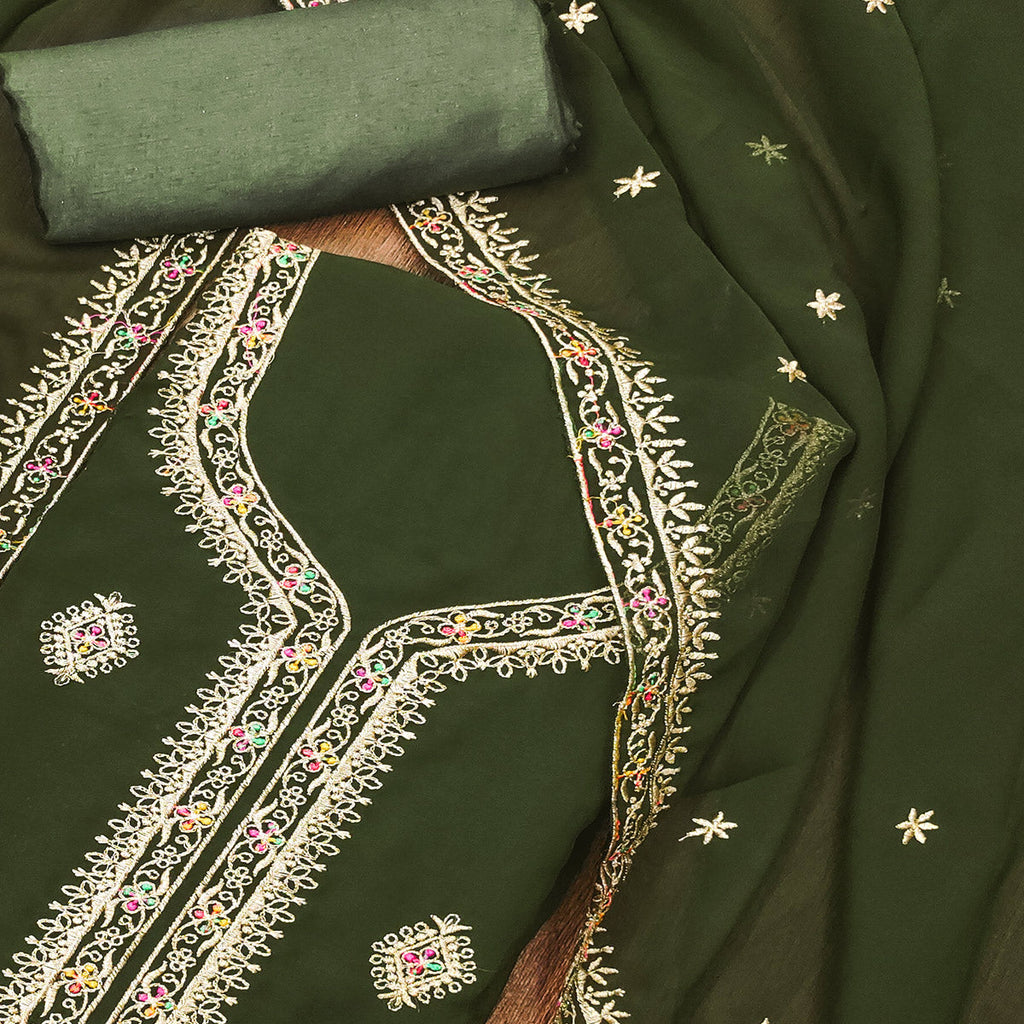 Mehendi Green Floral Embroidered Georgette Dress Material
