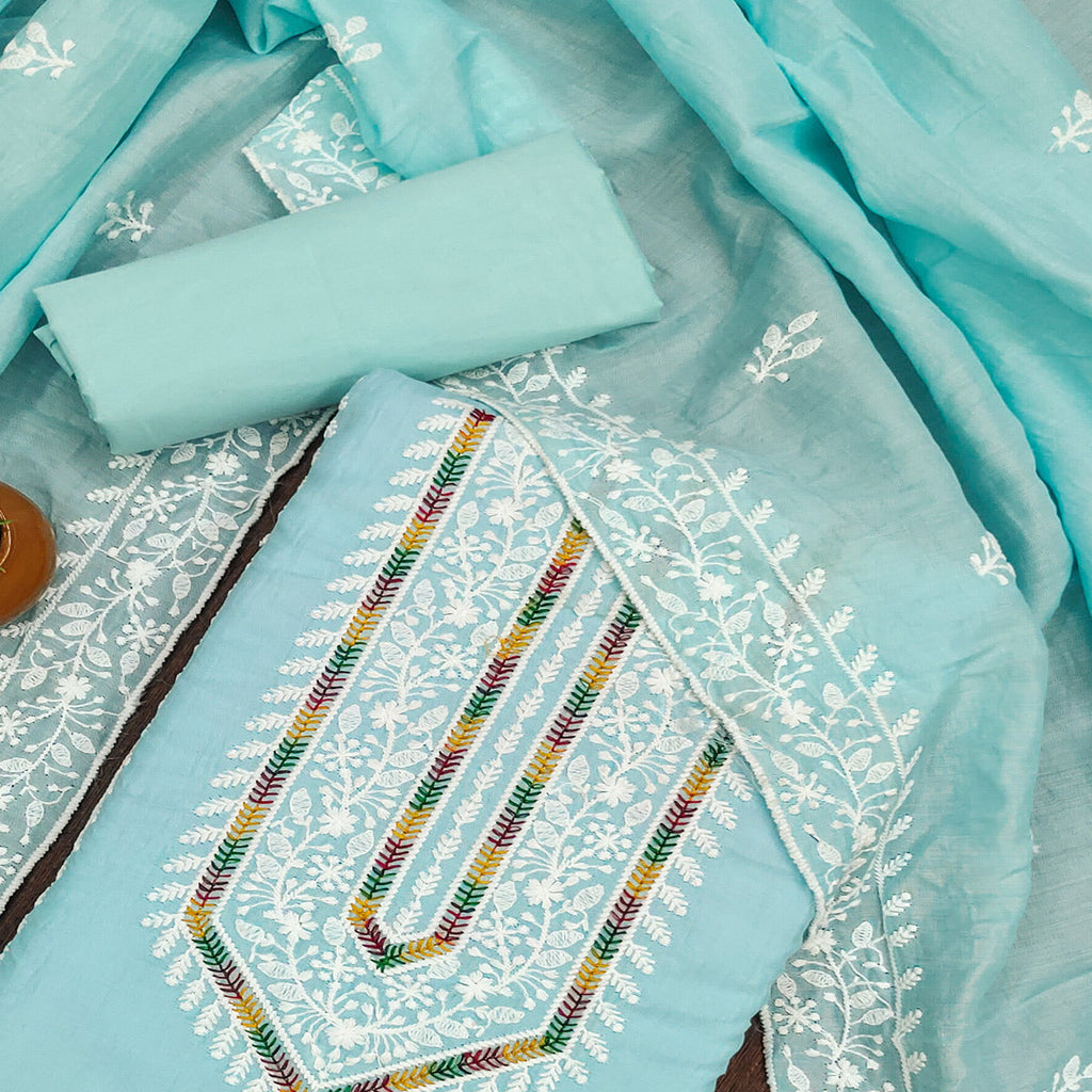 Blue Floral Embroidered Cotton Silk Dress Material