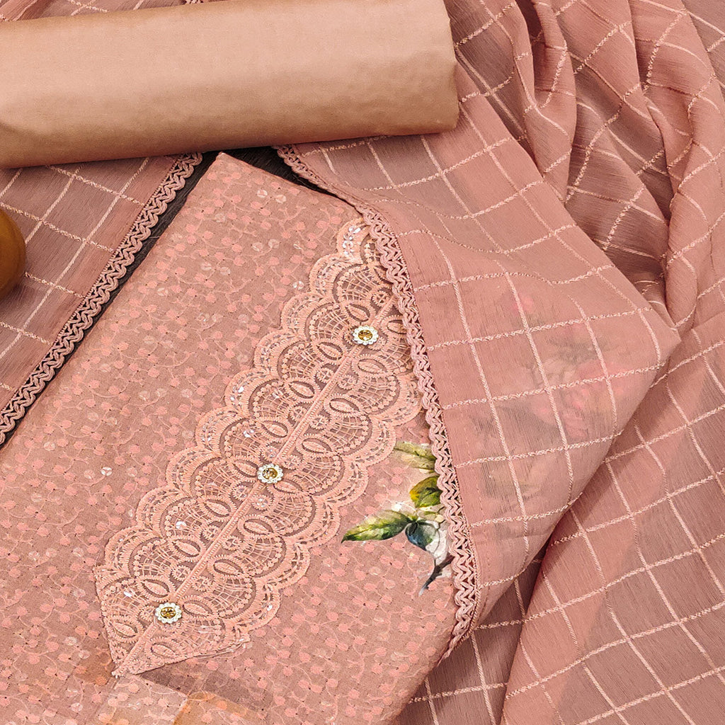 Dusty Peach Schiffli Embroidered Cotton Blend Dress Material With Floral Digital Print