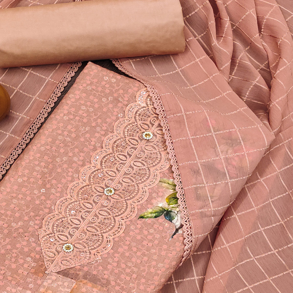 Dusty Peach Schiffli Embroidered Cotton Blend Dress Material With Floral Digital Print