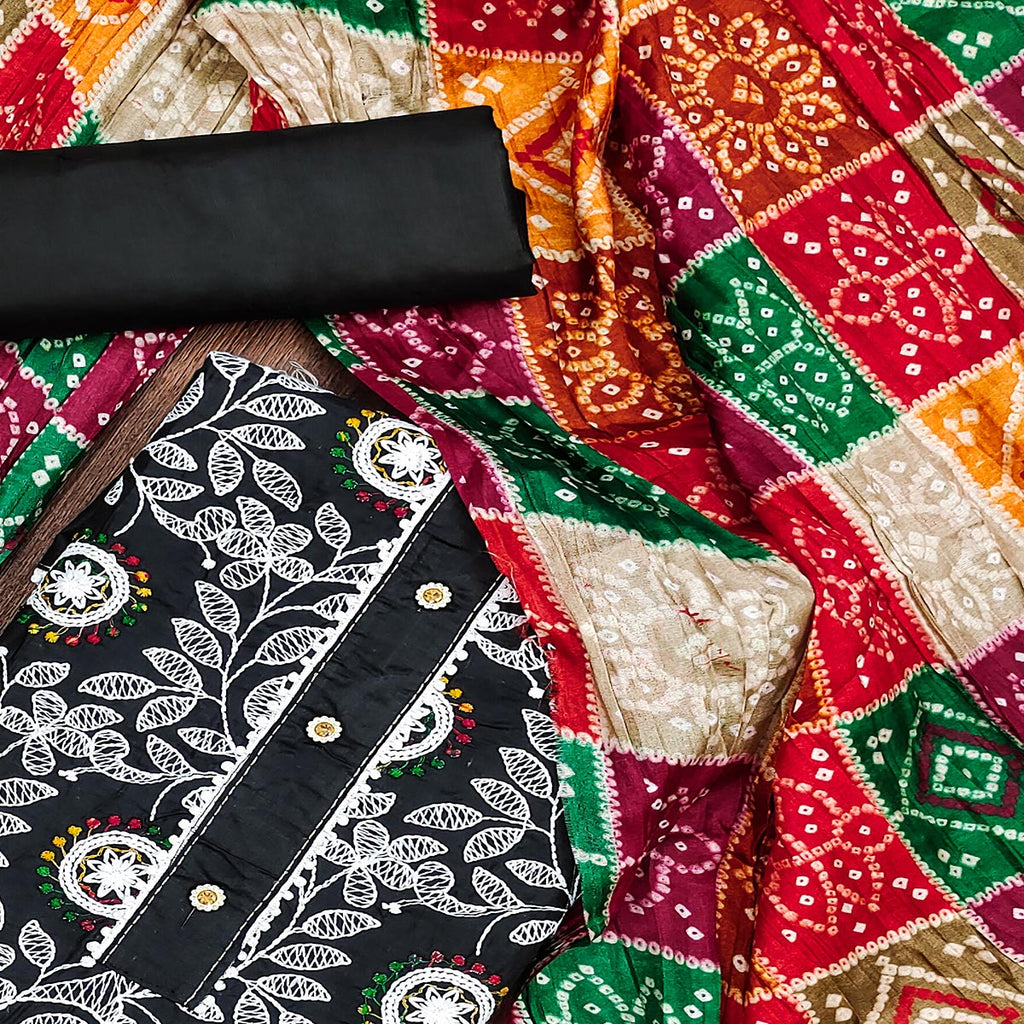 Black Floral Embroidered Cotton Blend Dress Material