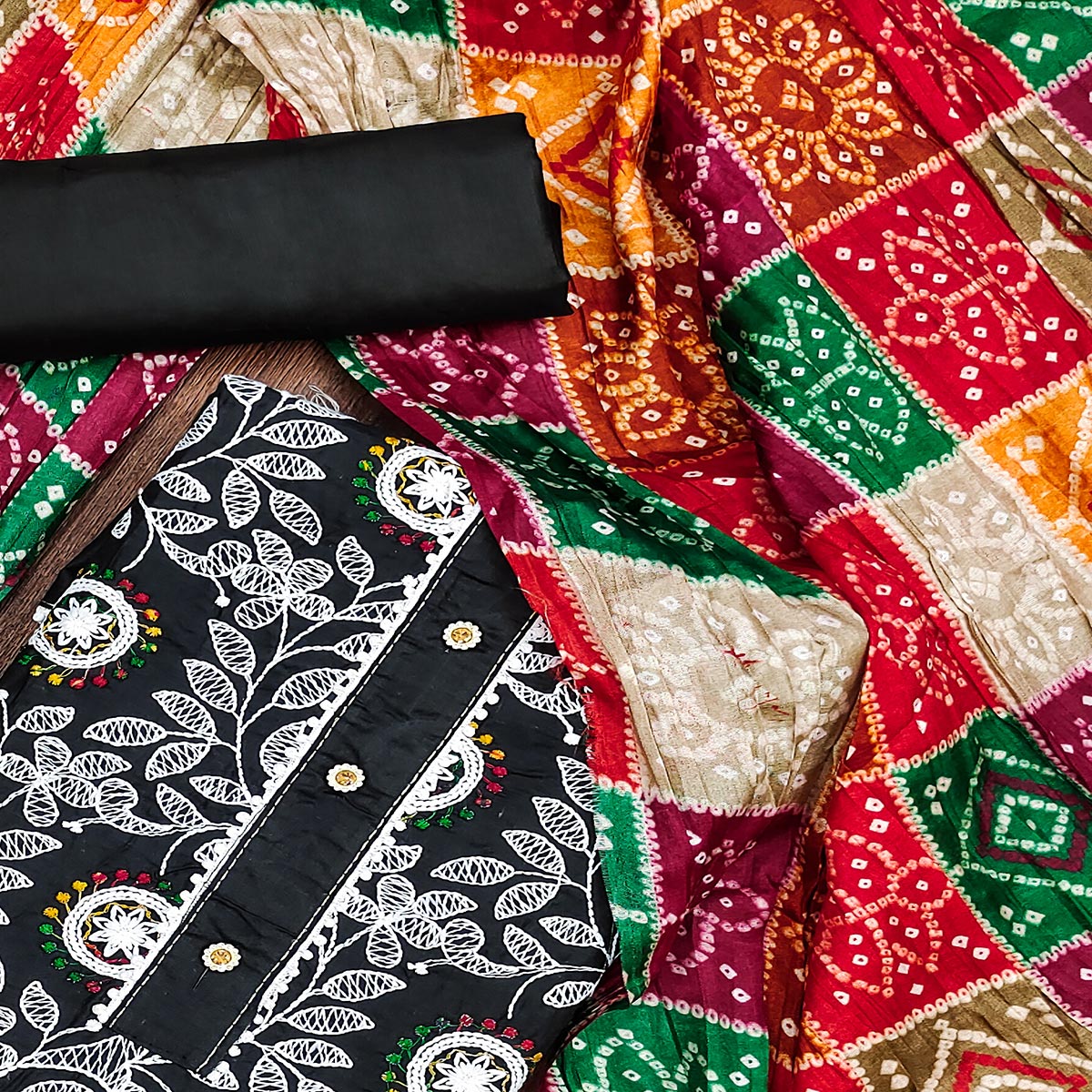 Black Floral Embroidered Cotton Blend Dress Material