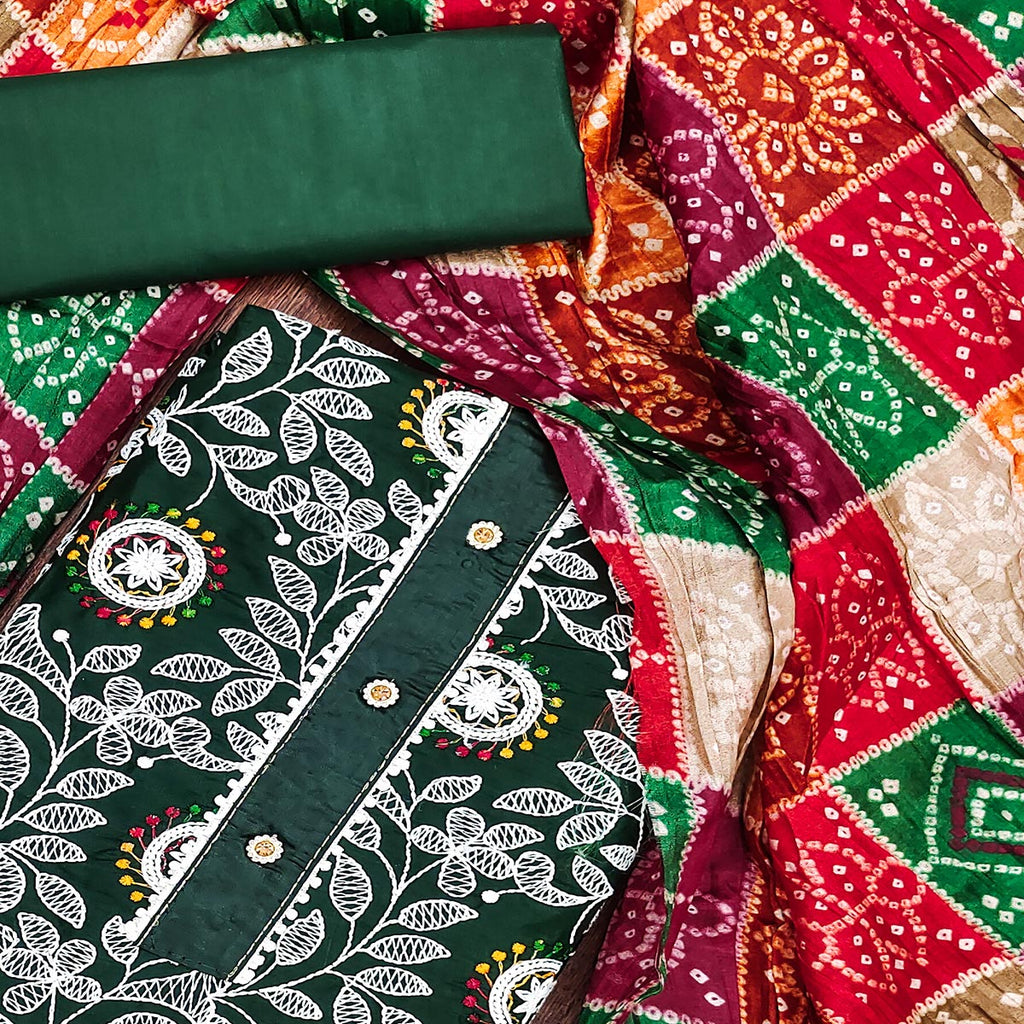 Green Floral Embroidered Cotton Blend Dress Material