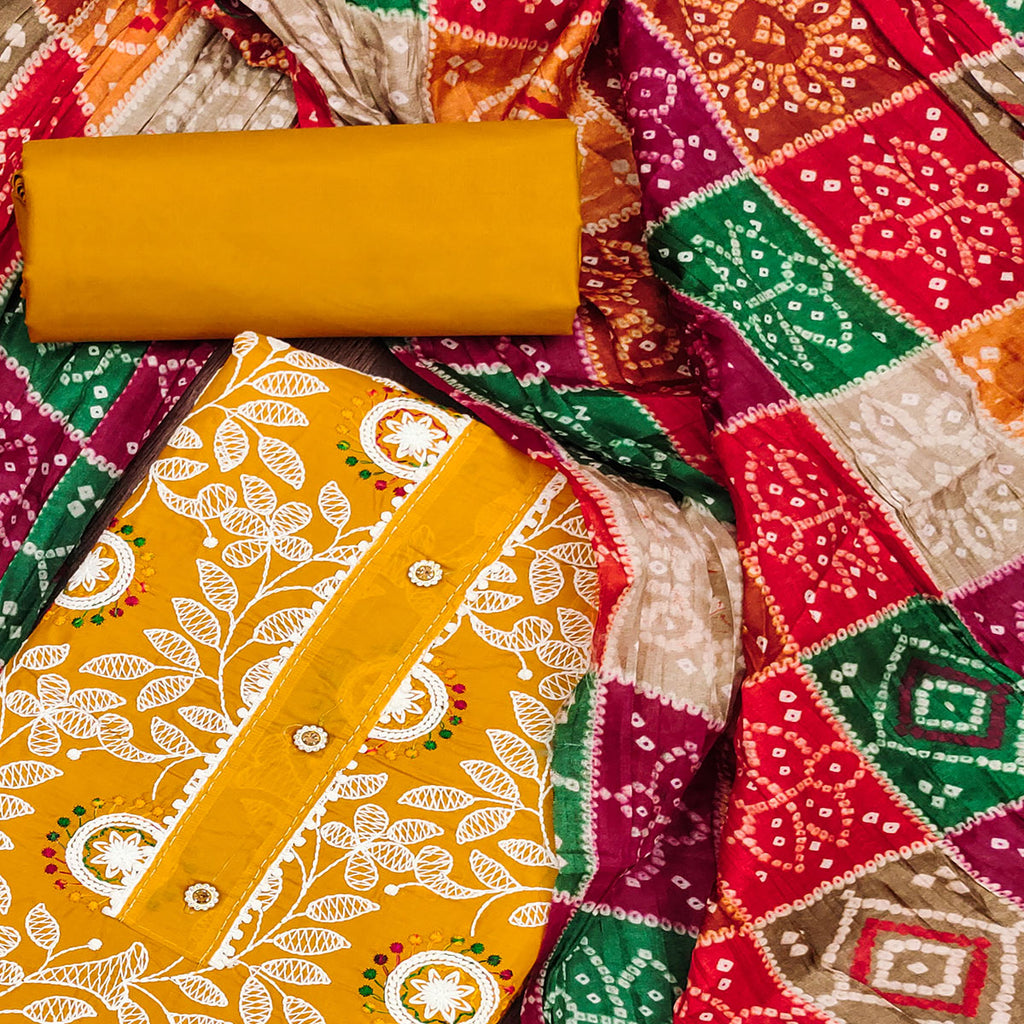 Mustard Floral Embroidered Cotton Blend Dress Material