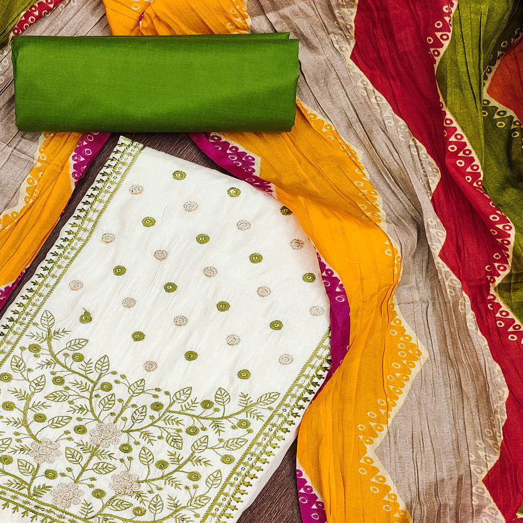 Cream & Green Floral Sequins Embroidered Cotton Silk Dress Material