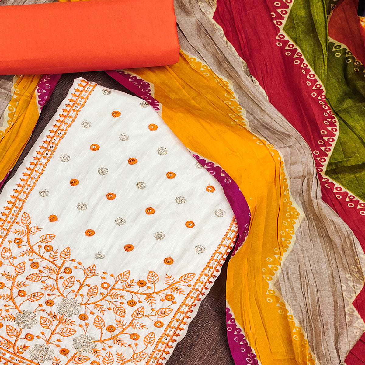 Cream & Orange Floral Sequins Embroidered Cotton Silk Dress Material