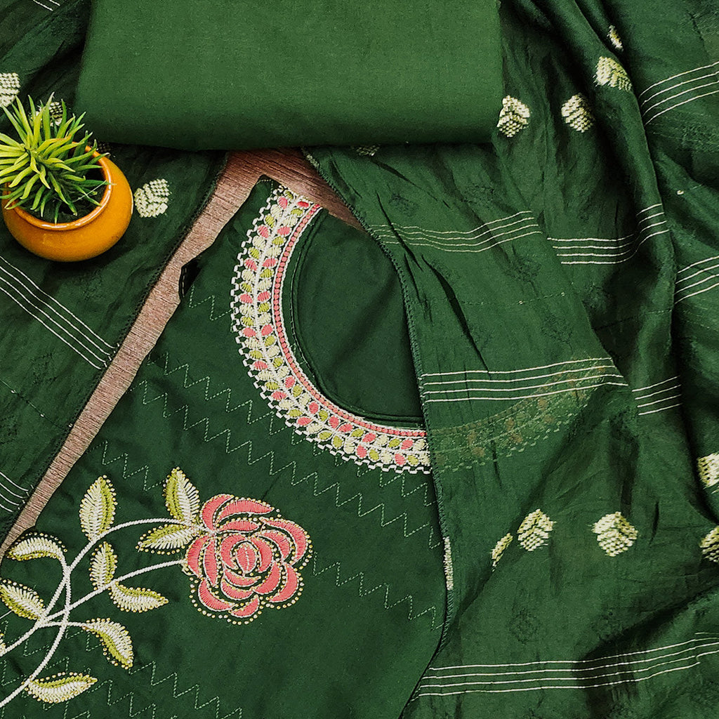 Green Cotton Blend Dress Material Adorned With Swarovski Accents and Floral Threadwork