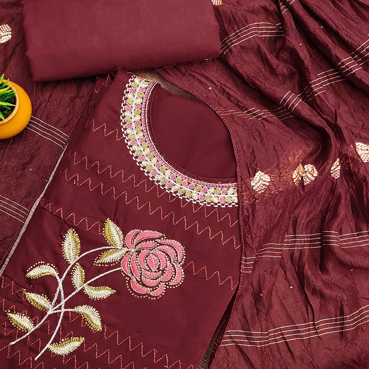 Maroon Cotton Blend Dress Material Adorned With Swarovski Accents and Floral Threadwork