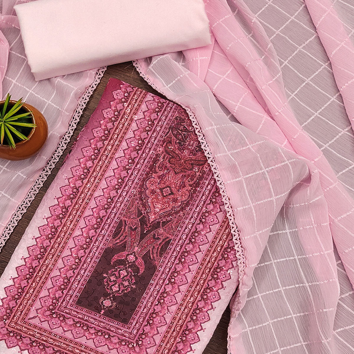 Pink Cotton Blend Dress Material With Elegant Schiffli Work & Artistic Digital Print