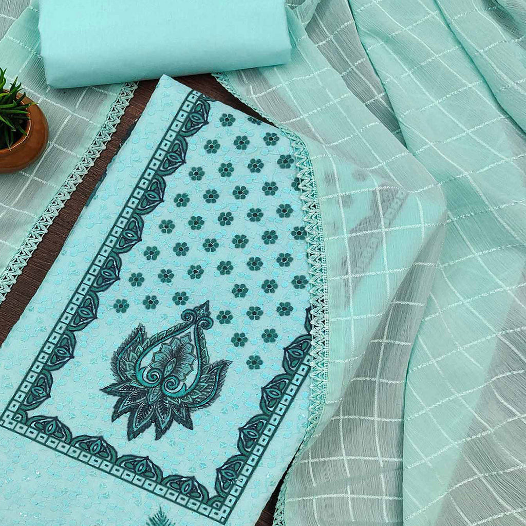 Blue Schiffli Embroidered Cotton Blend Dress Material With Floral Digital Print