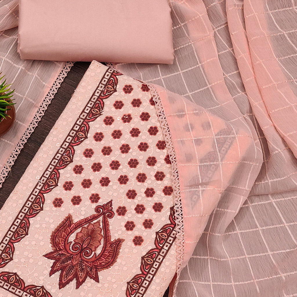 Peach Schiffli Embroidered Cotton Blend Dress Material With Floral Digital Print