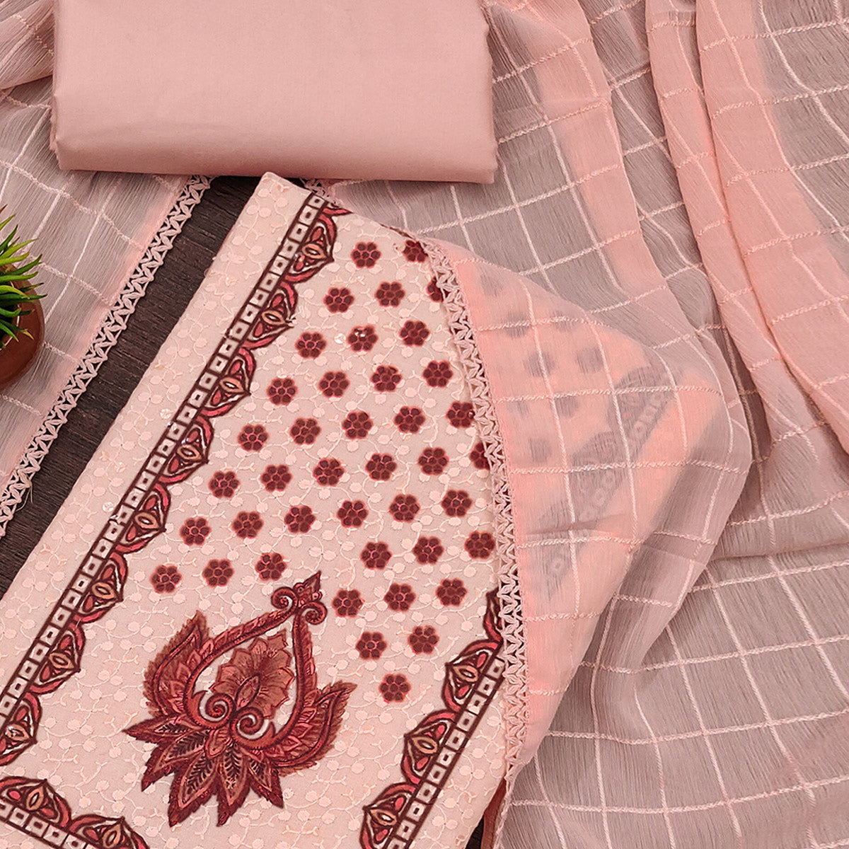 Peach Schiffli Embroidered Cotton Blend Dress Material With Floral Digital Print