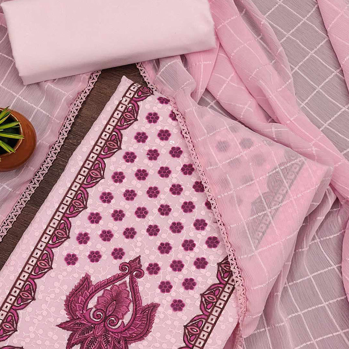 Pink Schiffli Embroidered Cotton Blend Dress Material With Floral Digital Print