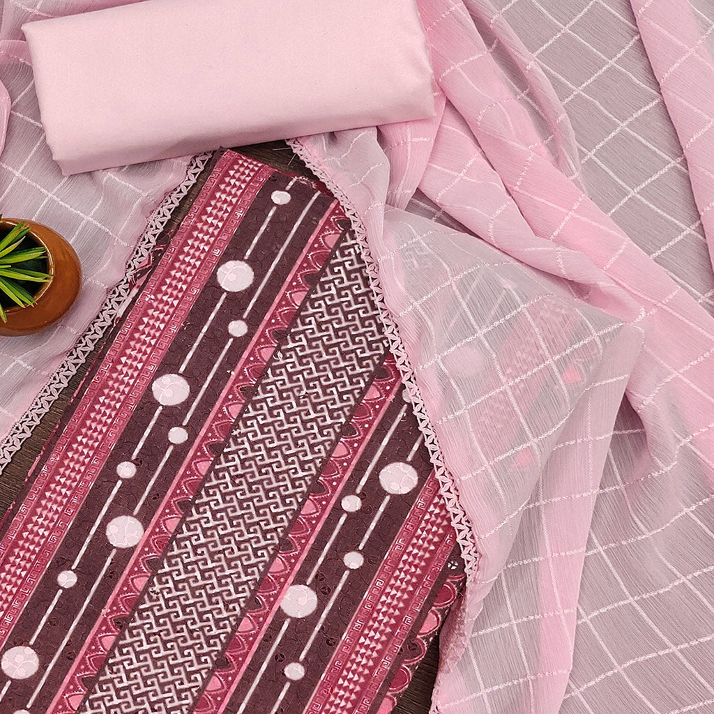 Pink Cotton Blend Dress Material With Schiffli Embroidery & Floral Digital Print