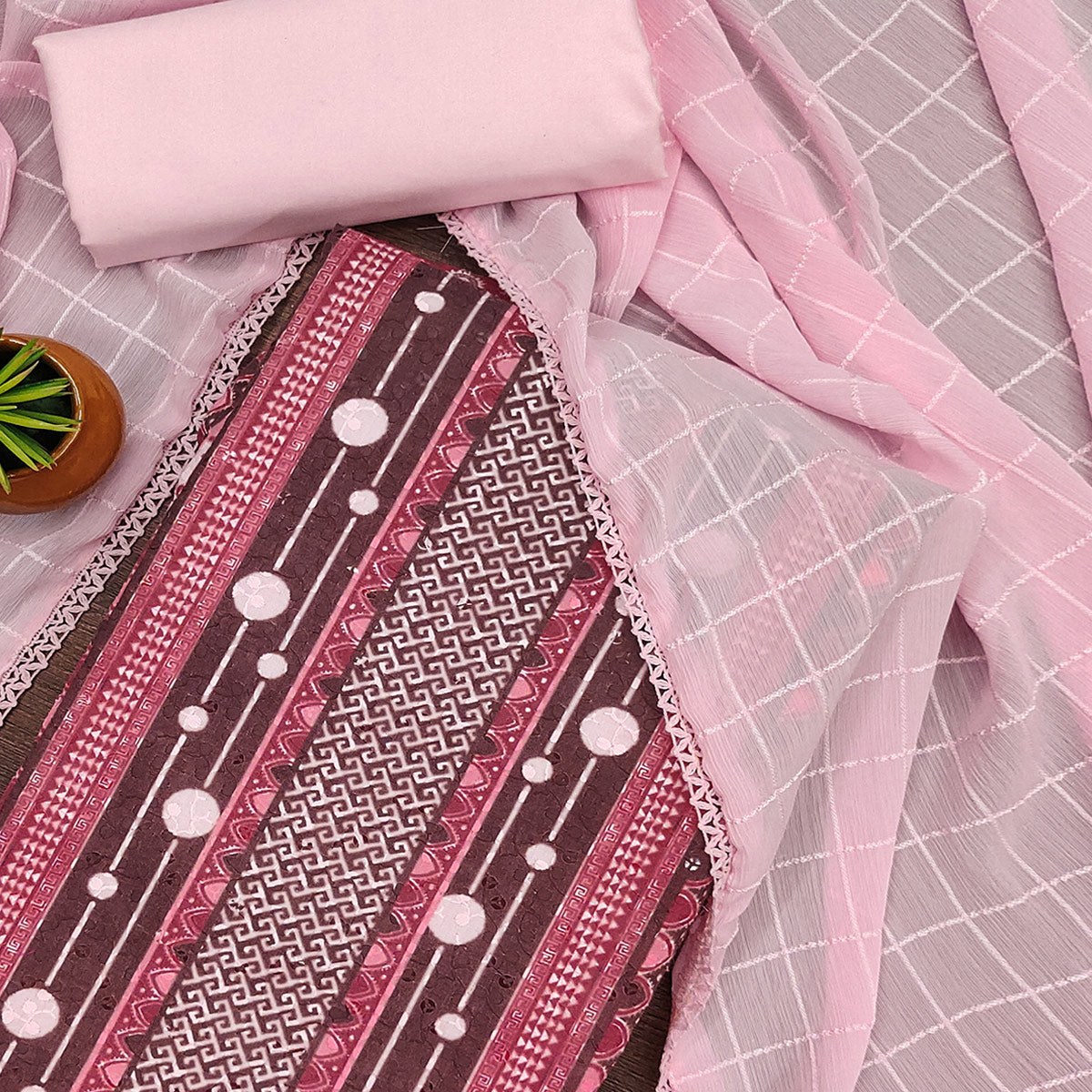 Pink Cotton Blend Dress Material With Schiffli Embroidery & Floral Digital Print