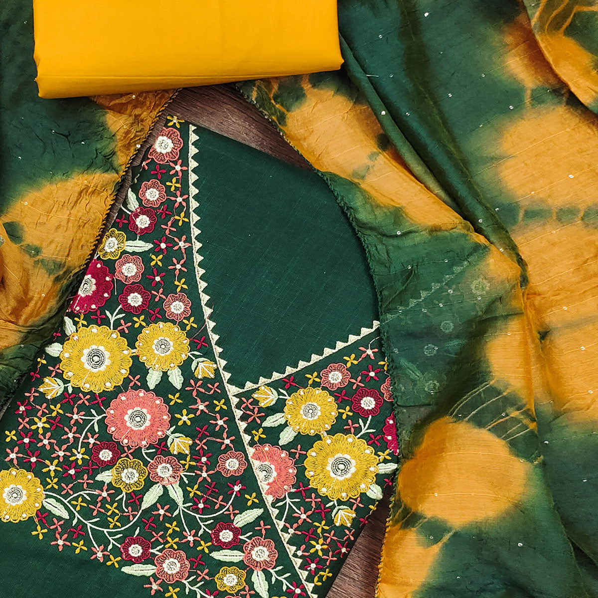 Green Cotton Blend Dress Material With Floral Thread Embroidery