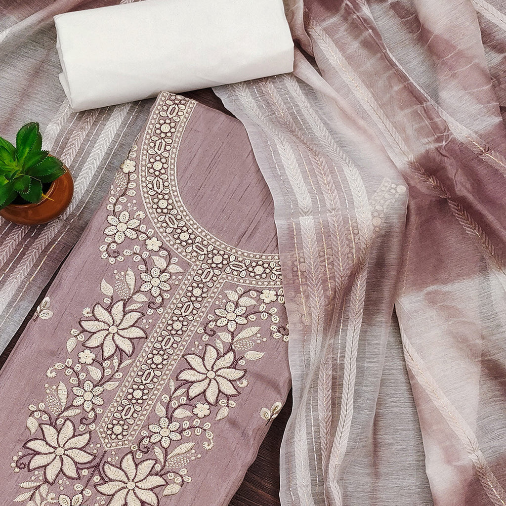 Dusty Rose Pink Floral Sequins Embroidered Cotton Silk Dress Material