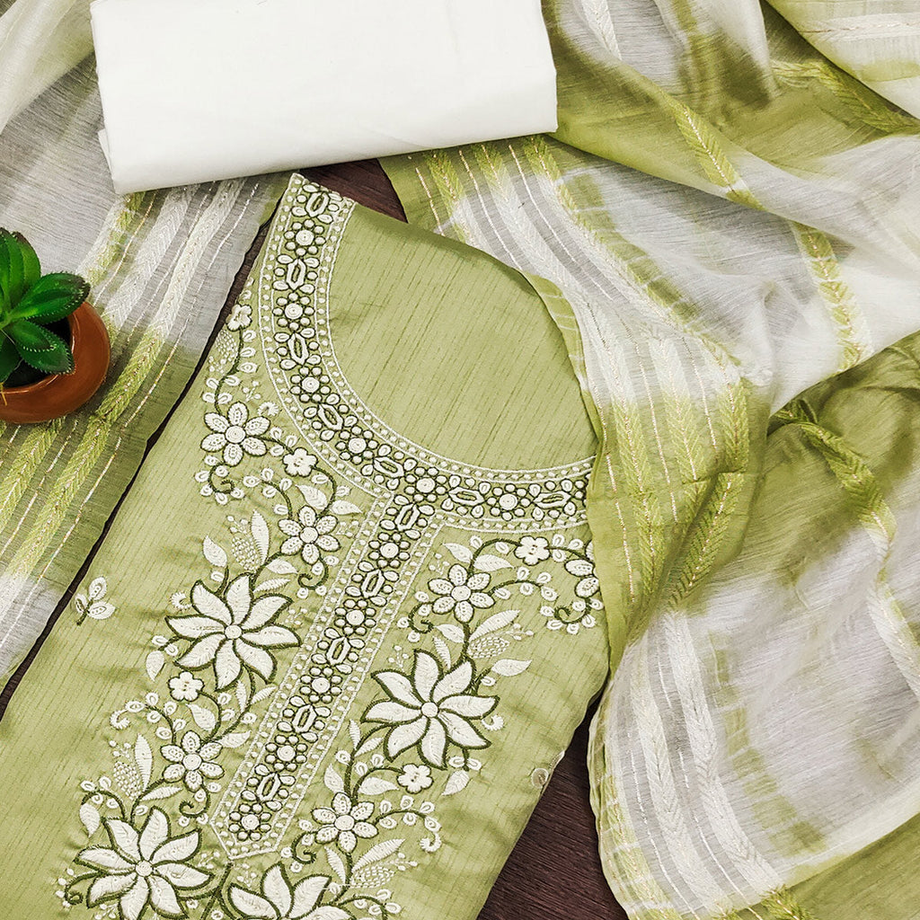 Green Floral Sequins Embroidered Cotton Silk Dress Material