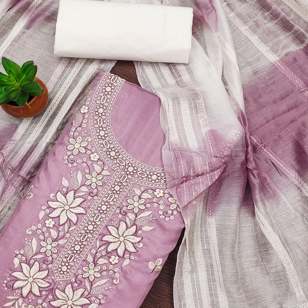 Onion Pink Floral Sequins Embroidered Cotton Silk Dress Material