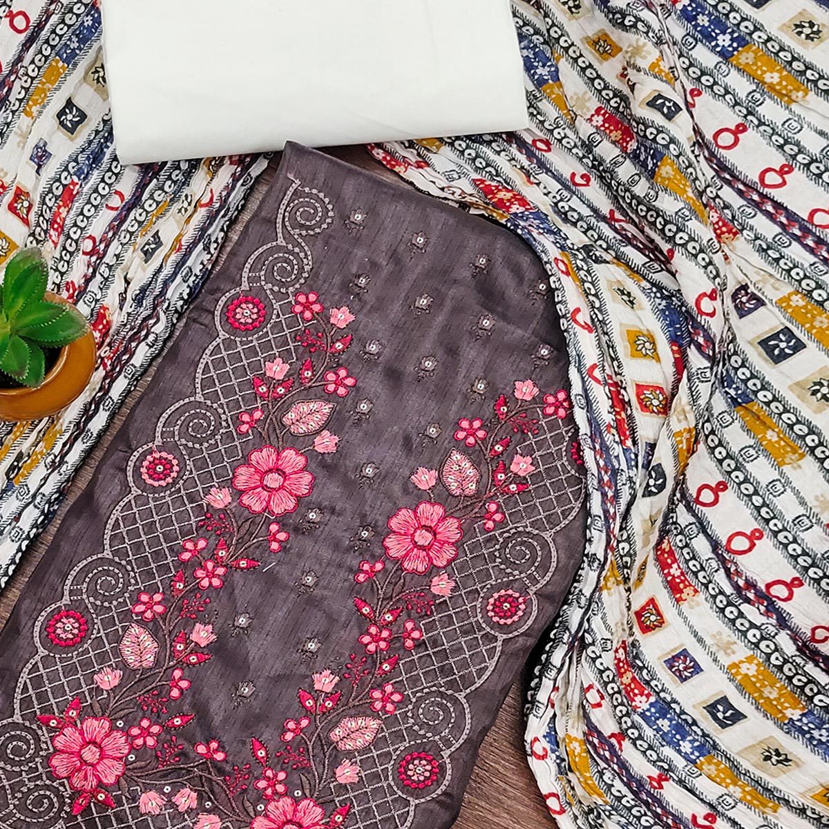 Dark Brown Floral Sequins Embroidered Cotton Silk Dress Material