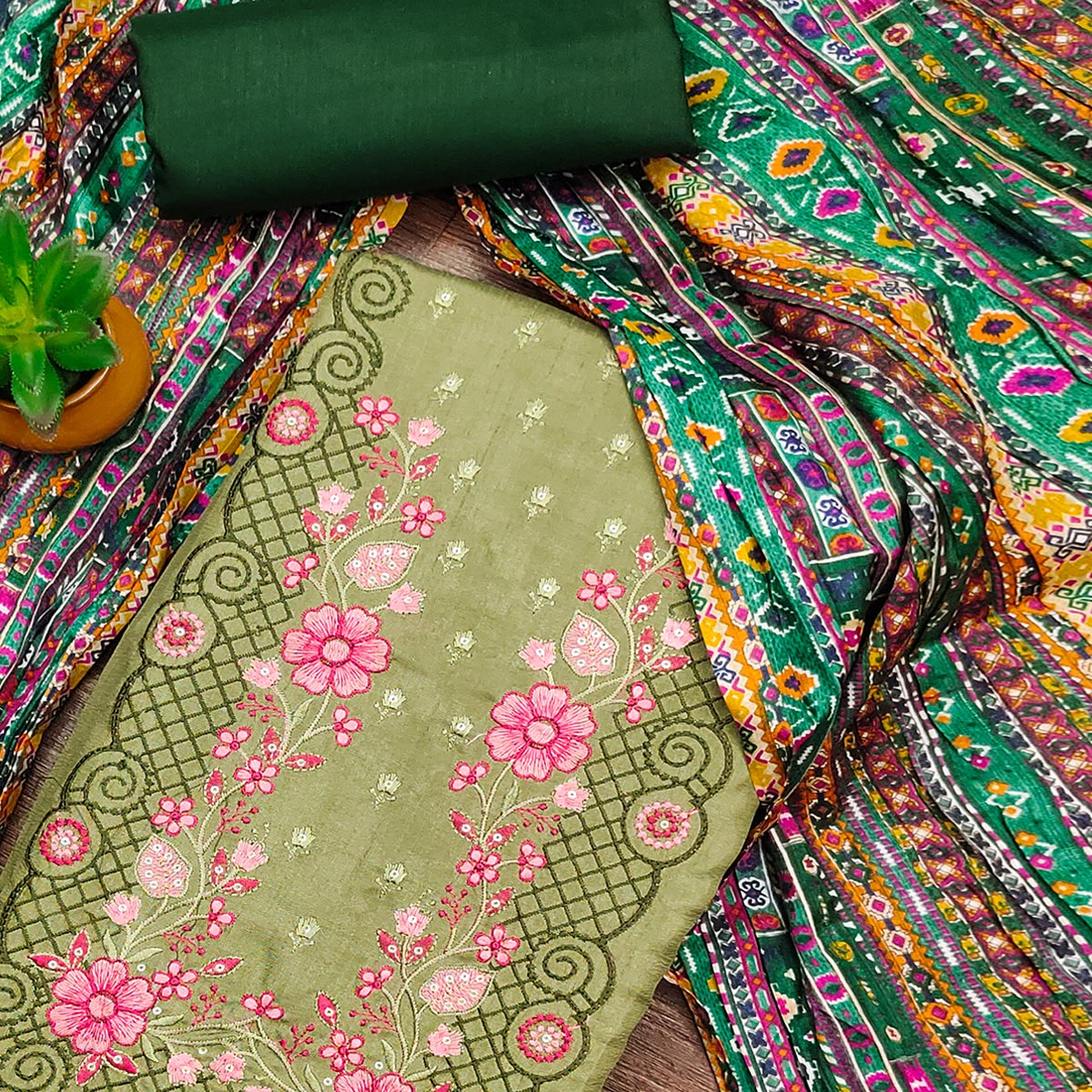 Green Floral Sequins Embroidered Cotton Silk Dress Material