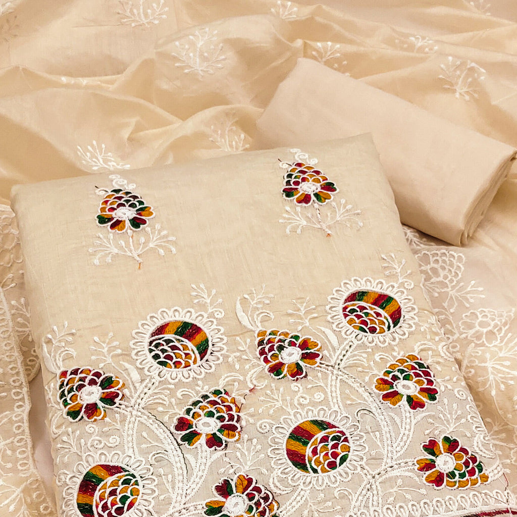 Cream Chanderi Cotton Dress Material with Elegant Floral Thread Embroidery