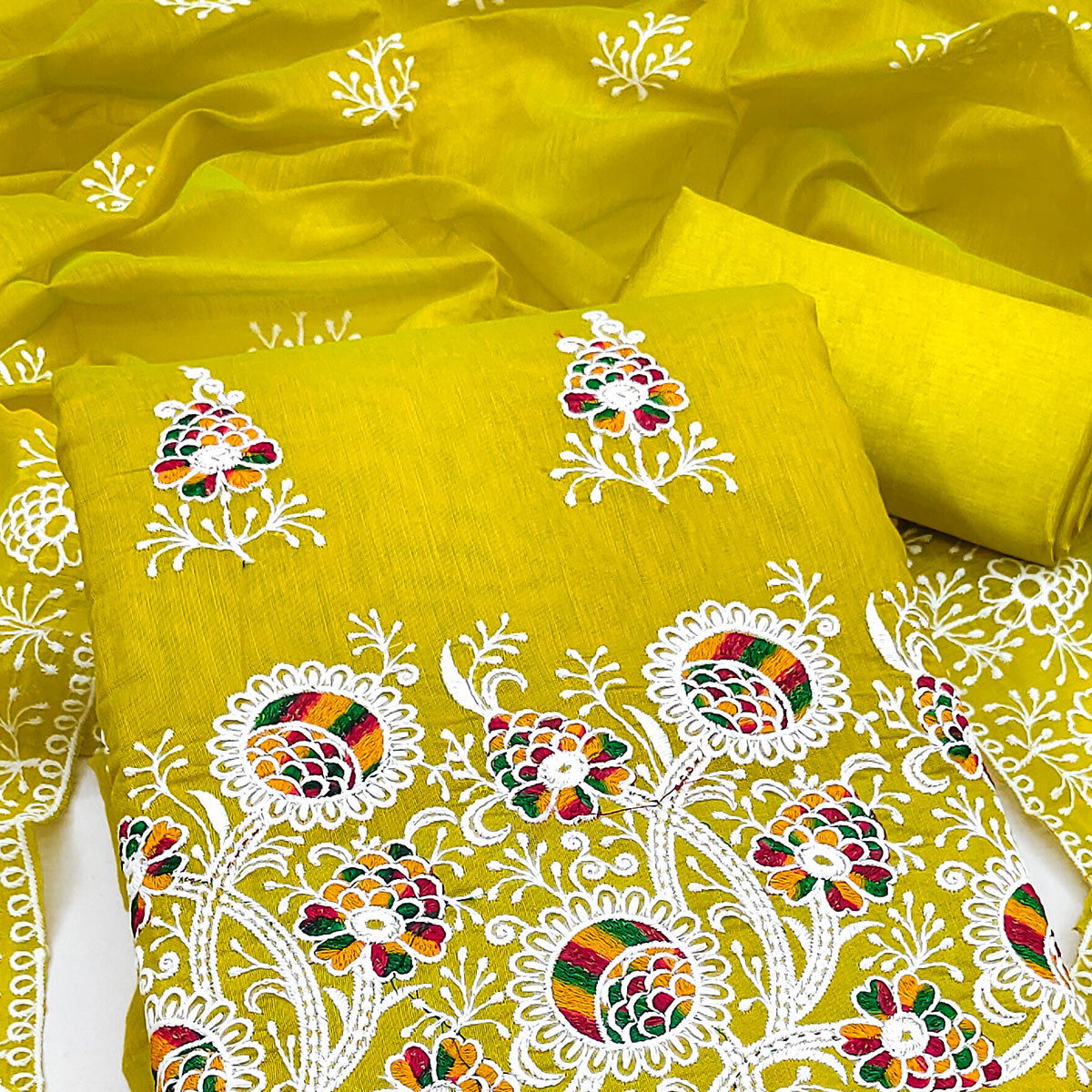 Green Chanderi Cotton Dress Material with Elegant Floral Thread Embroidery