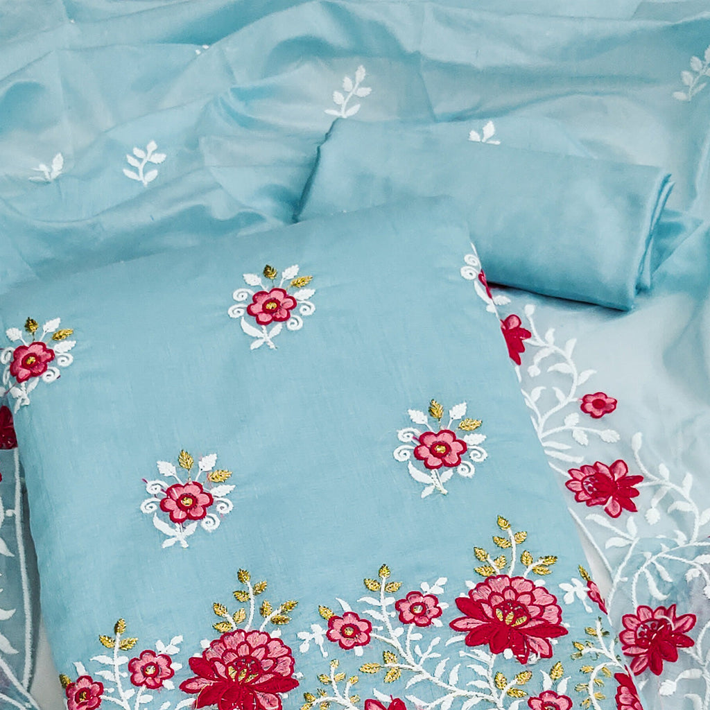 Blue Floral Embroidered Chanderi Cotton Dress Material
