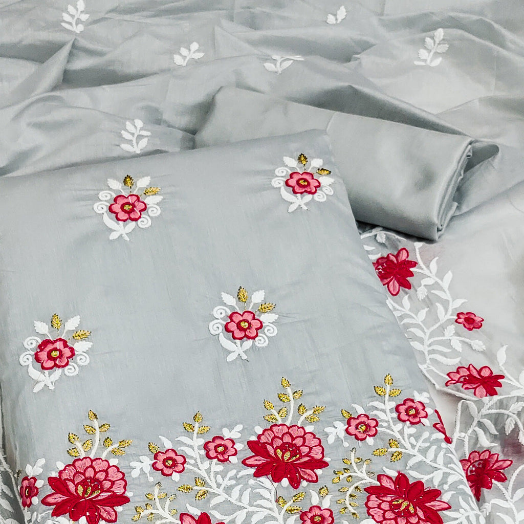 Grey Floral Embroidered Chanderi Cotton Dress Material