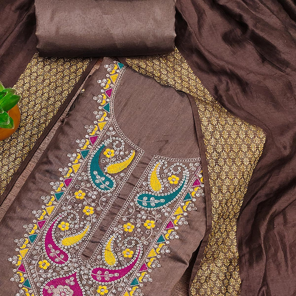 Brown Floral Sequins Embroidered Cotton Silk Dress Material