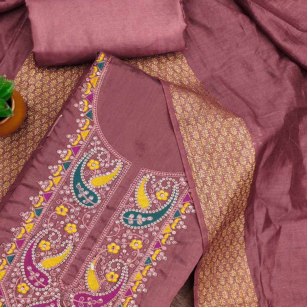 Dusty Rose Pink Floral Sequins Embroidered Cotton Silk Dress Material