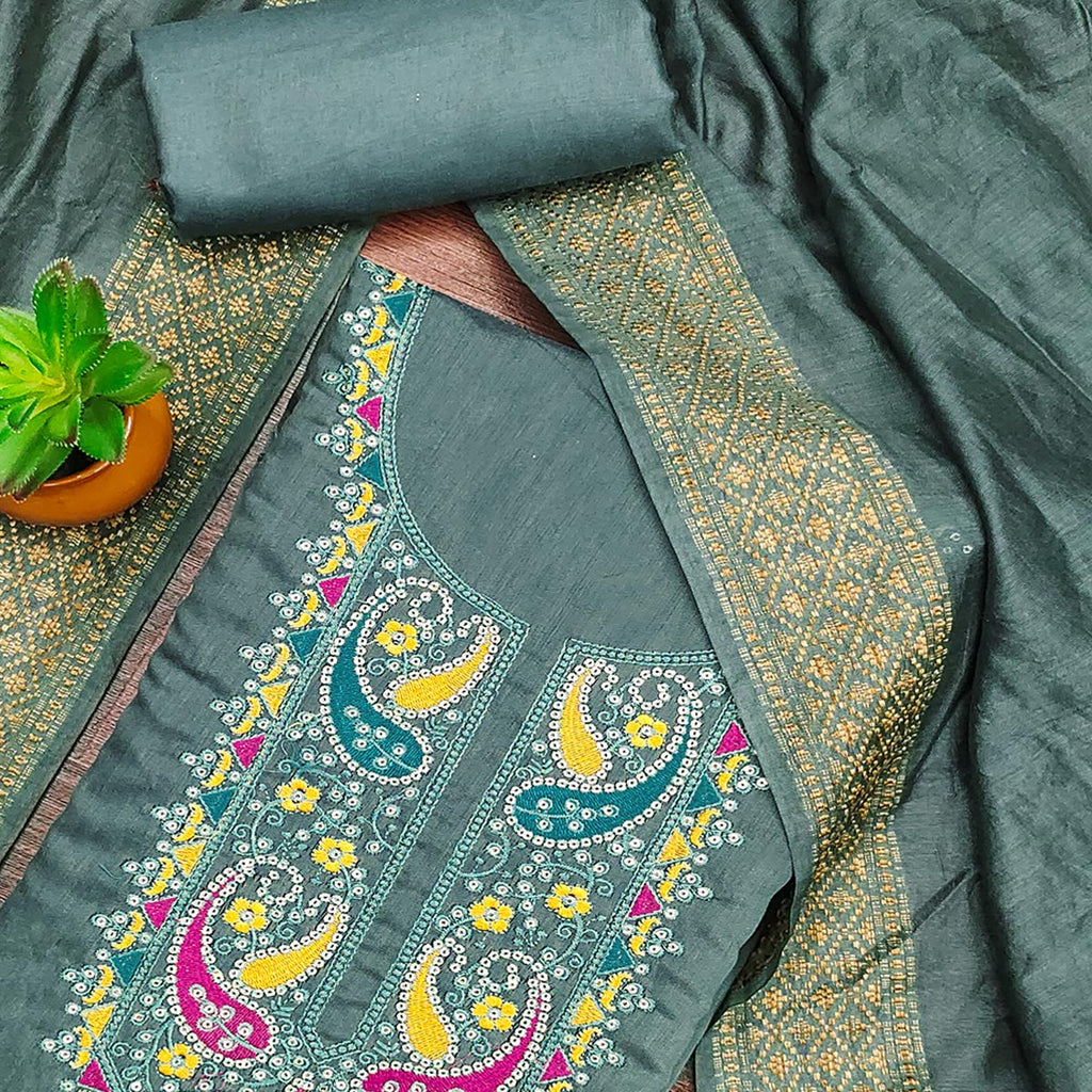 Green Floral Sequins Embroidered Cotton Silk Dress Material