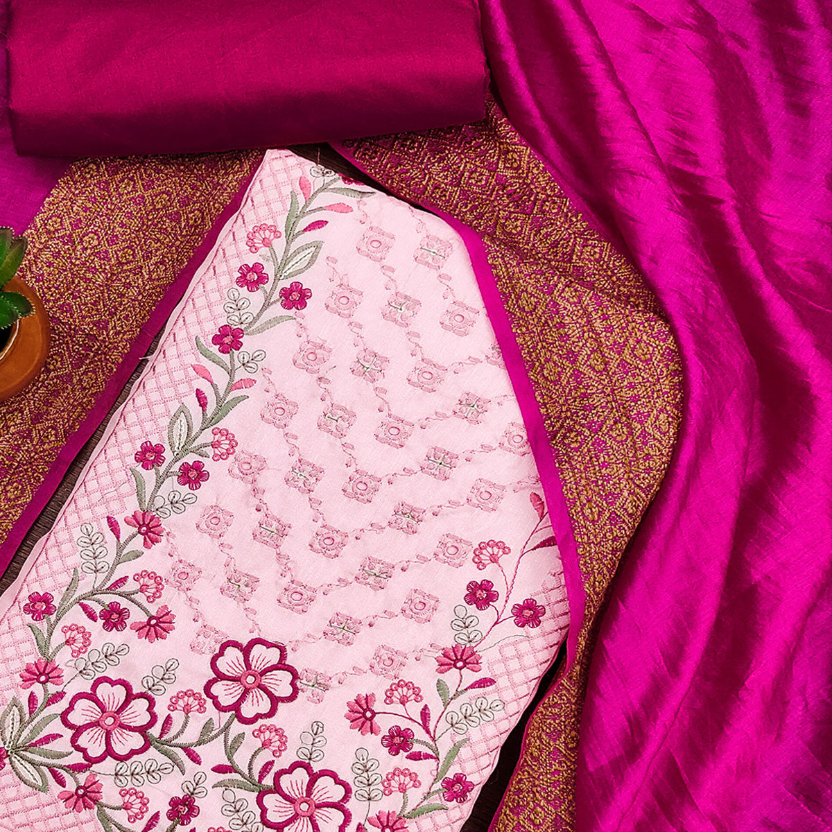 Light Pink Floral Sequins Embroidered Cotton Silk Dress Material