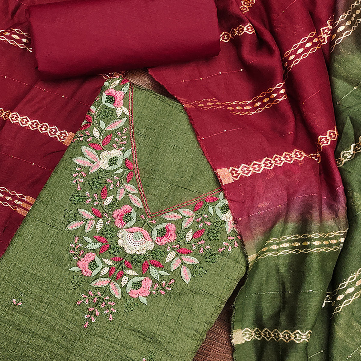 Green Floral Sequins Embroidered Cotton Silk Dress Material