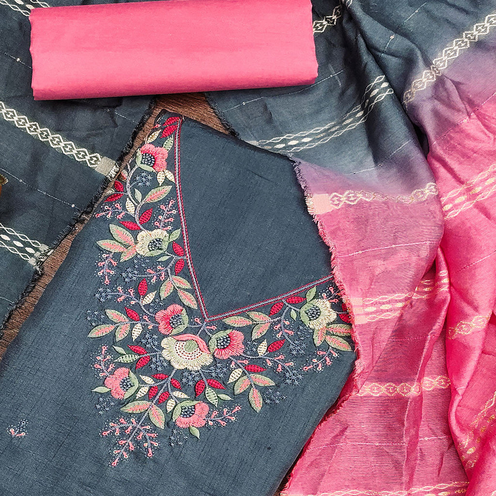 Grey Floral Sequins Embroidered Cotton Silk Dress Material