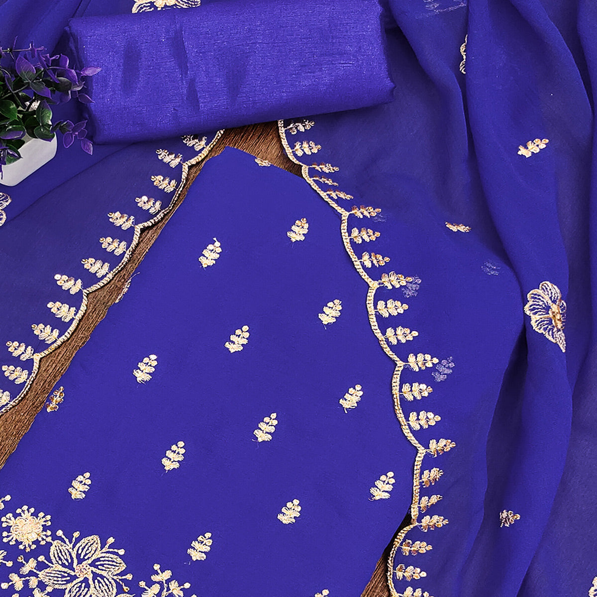 Majorelle Blue Floral Sequins Embroidered Georgette Dress Material