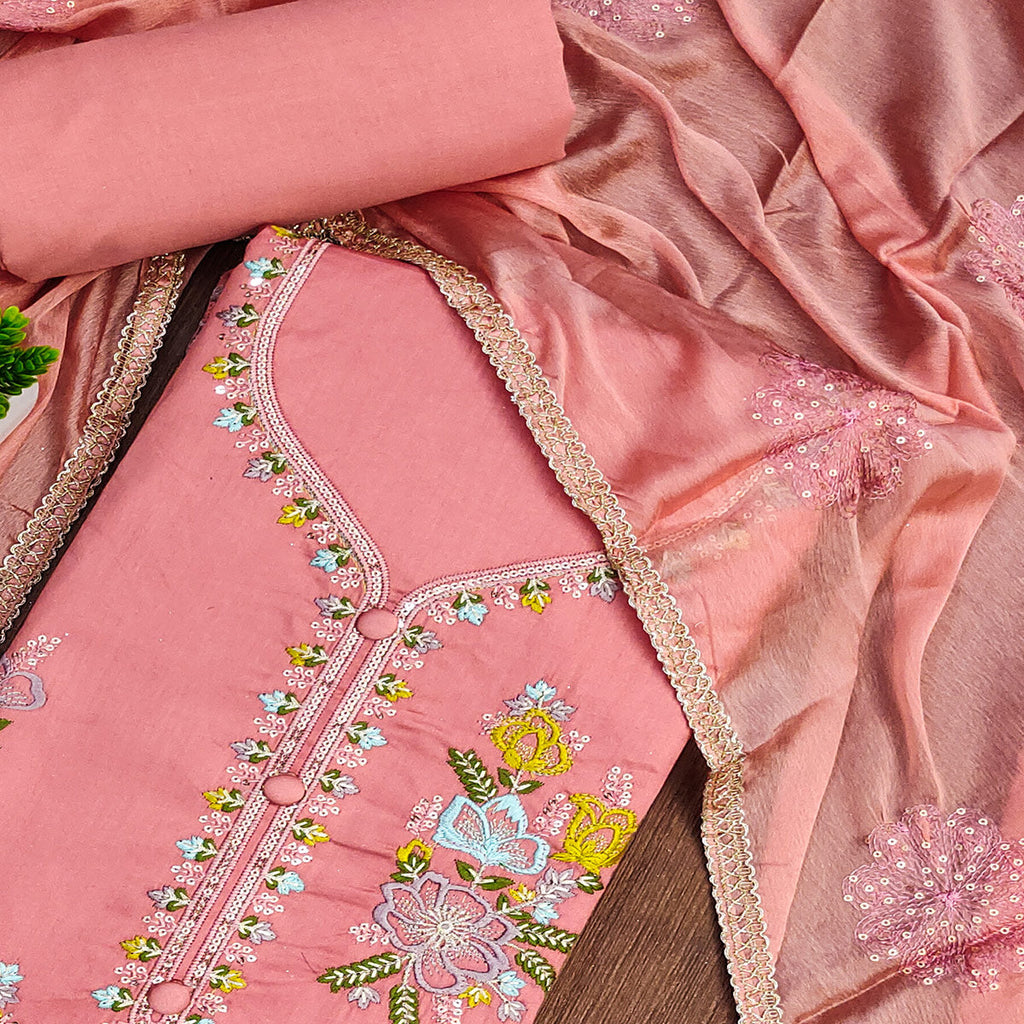 Breathable Pure Cotton Dress Material in Peach with Floral Designs