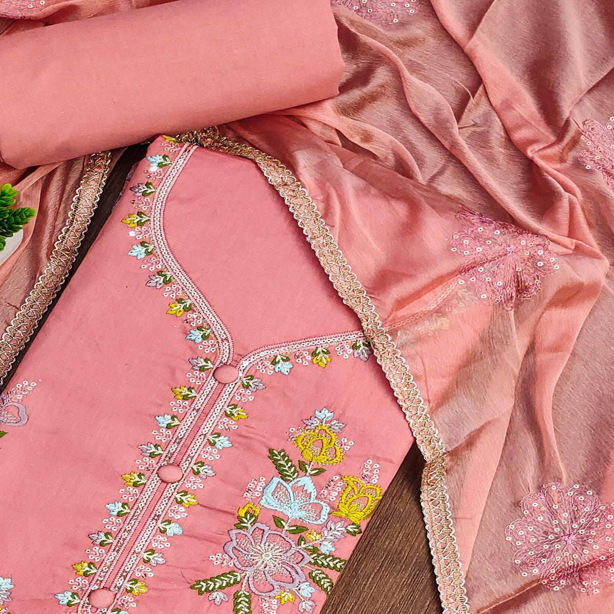 Breathable Pure Cotton Dress Material in Peach with Floral Designs