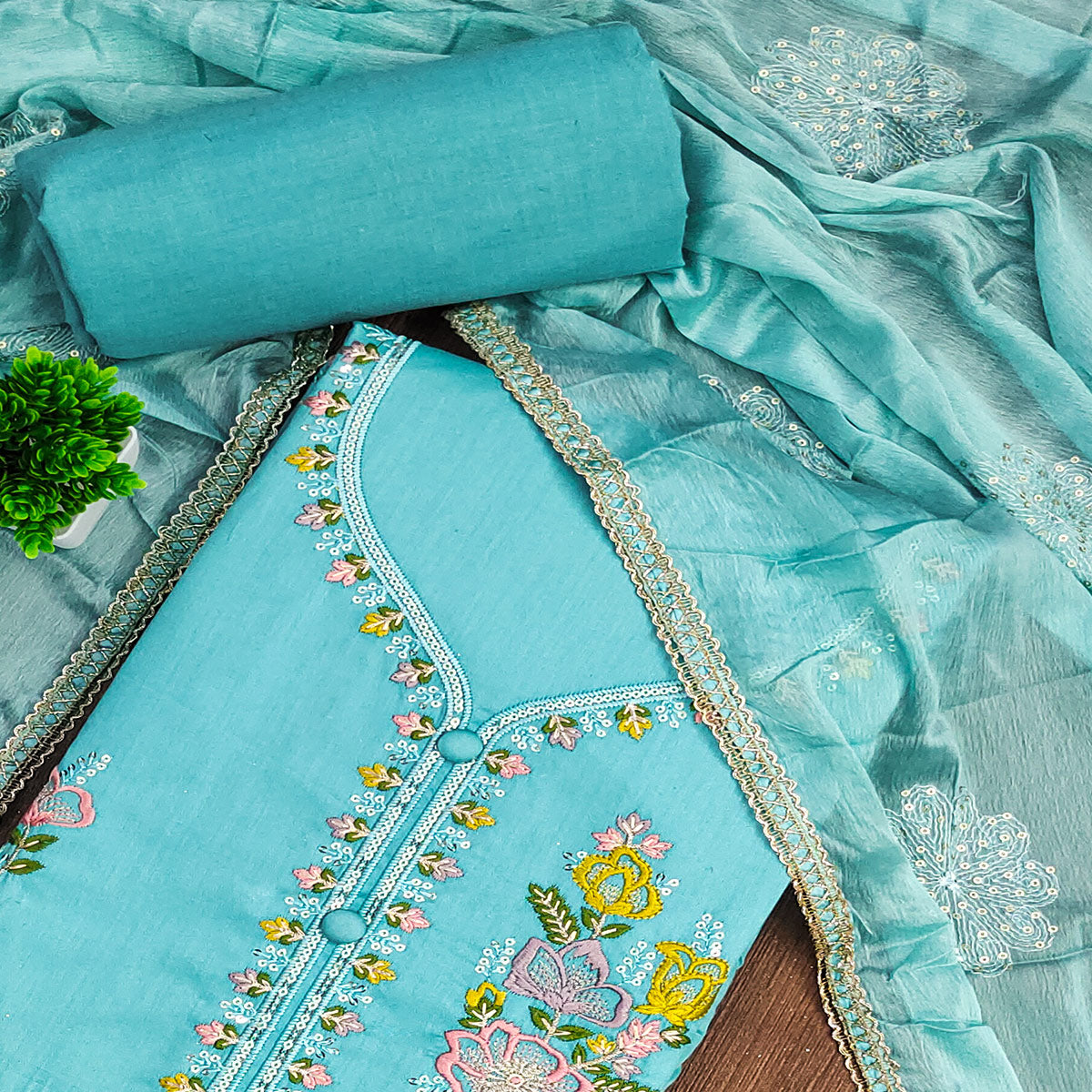 Breathable Pure Cotton Dress Material in Turquoise with Floral Designs