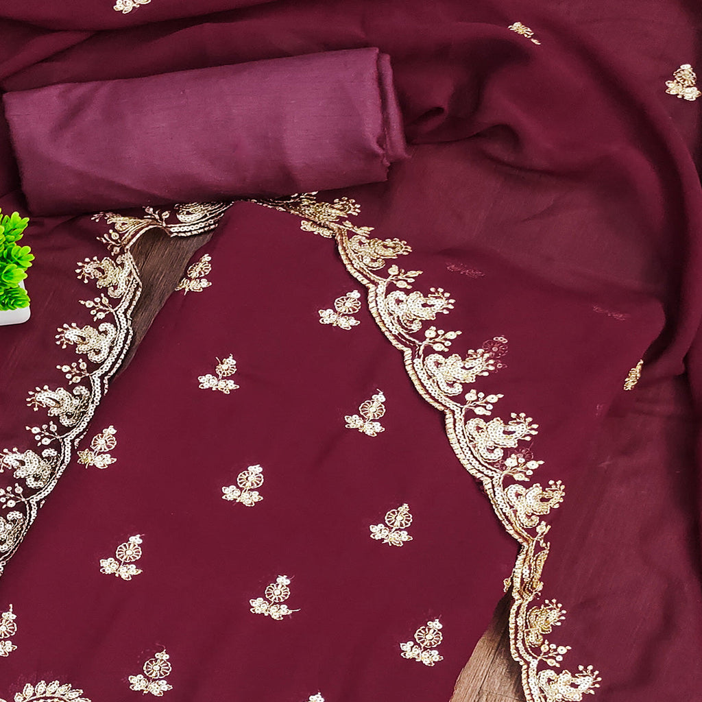 Maroon Georgette Dress Material with Sparkling Sequin Embroidery