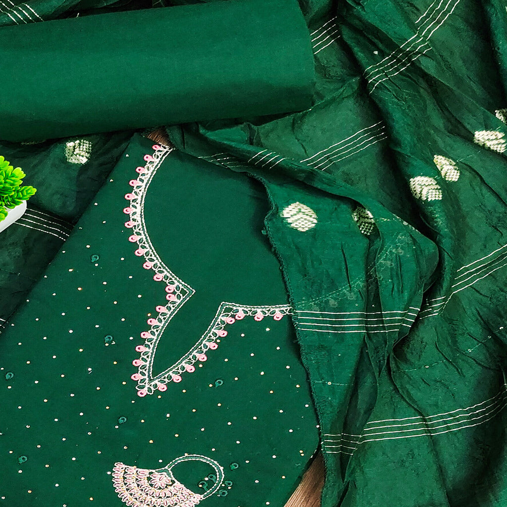 Green Dress Material in Cotton Blend with Delicate Embroidery Work