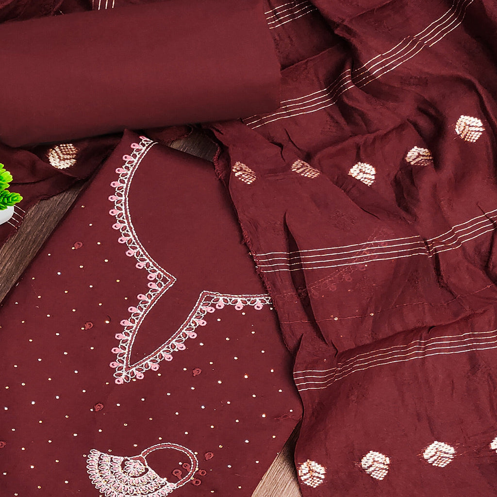 Maroon Dress Material in Cotton Blend with Delicate Embroidery Work