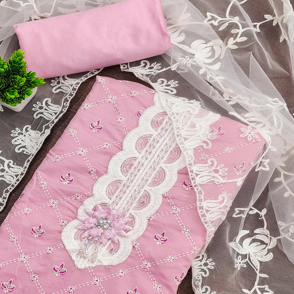 Pink Unstitched Dress Material Featuring Fine Floral Embroidery on Chanderi Silk