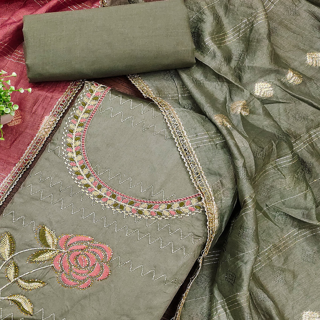 Dark Sage Green Suit Material in Cotton Blend with Beautifully Embroidered Floral Patterns