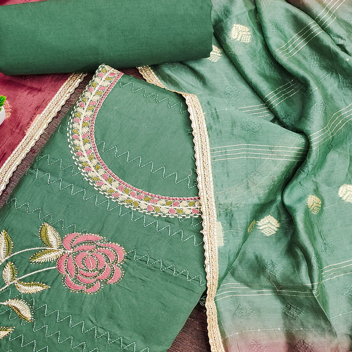 Green Suit Material in Cotton Blend with Beautifully Embroidered Floral Patterns