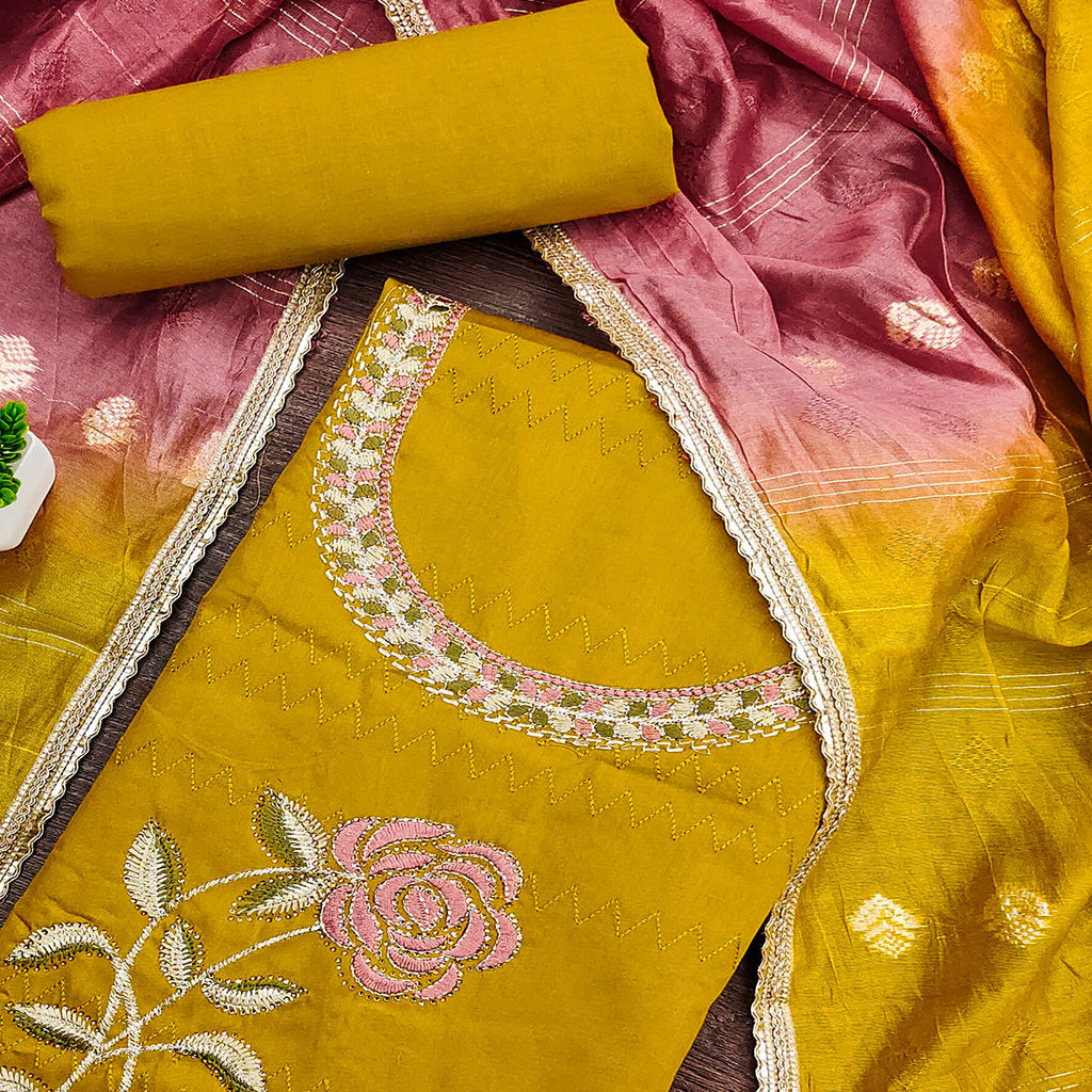 Mustard Suit Material in Cotton Blend with Beautifully Embroidered Floral Patterns