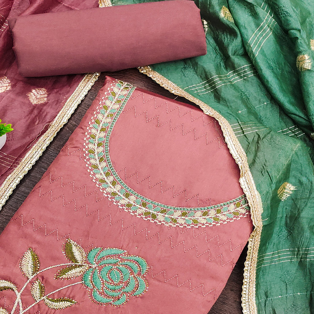 Peach Suit Material in Cotton Blend with Beautifully Embroidered Floral Patterns