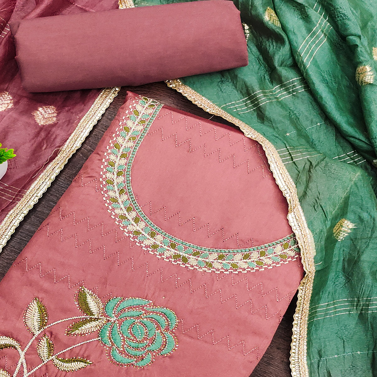 Peach Suit Material in Cotton Blend with Beautifully Embroidered Floral Patterns