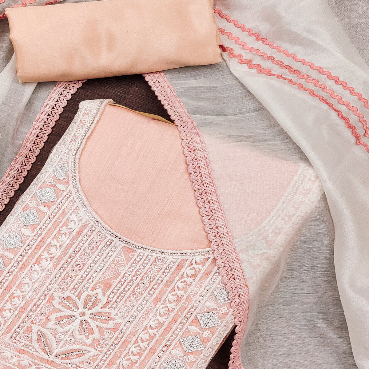 Light Orange Chanderi Silk Suit Fabric with Embroidered Highlights and Artistic Geometric Prints